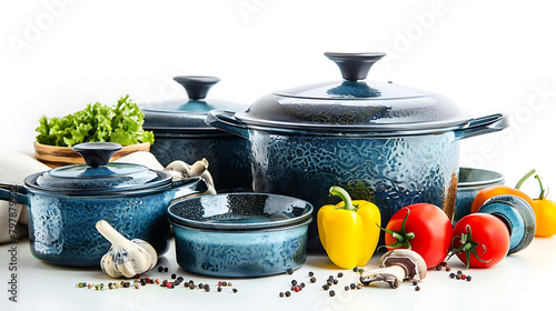 kitchen essentials including a blue pot, yellow pepper, and green plant arranged on a white counter