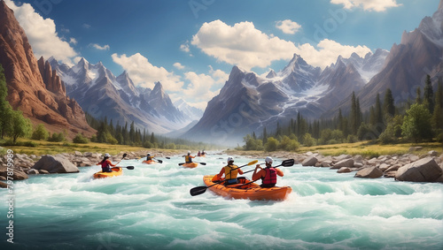 People kayaking down a river in the mountains.   © muheeb