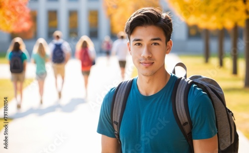 Portrait of Canadian male student with backpack, collage blur background © prasanth