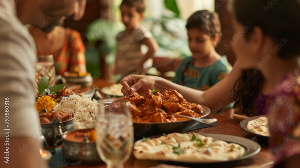 Obraz premium A family gathered around the dining table, serving themselves generous portions of chicken tikka masala with fluffy naan bread.