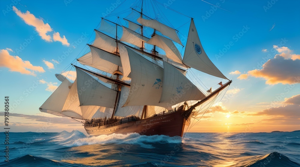 Fototapeta premium Legendary ship in the middle of ocean in a morning. AI Generated