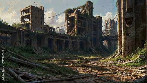 A painting depicting a decrepit building standing amidst a dense forest, showcasing the contrast between man-made ruins and natural surroundings © Constantine Art