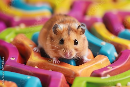 A playful Syrian hamster exhibiting exploratory behavior as it navigates a colorful maze, its tiny nose twitching with a sense of adventure.