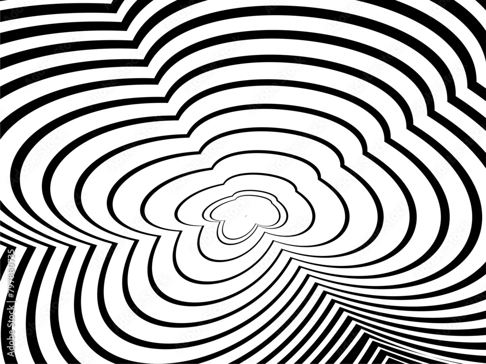 Abstract hypnotic wave pattern with black-and-white striped lines. Psychedelic background. Op art, optical illusion. Modern design, graphic texture. Abstract hypnotic wave pattern with black-and-white striped lines. Psychedelic background. Op art, optical illusion. Modern design, graphic texture.