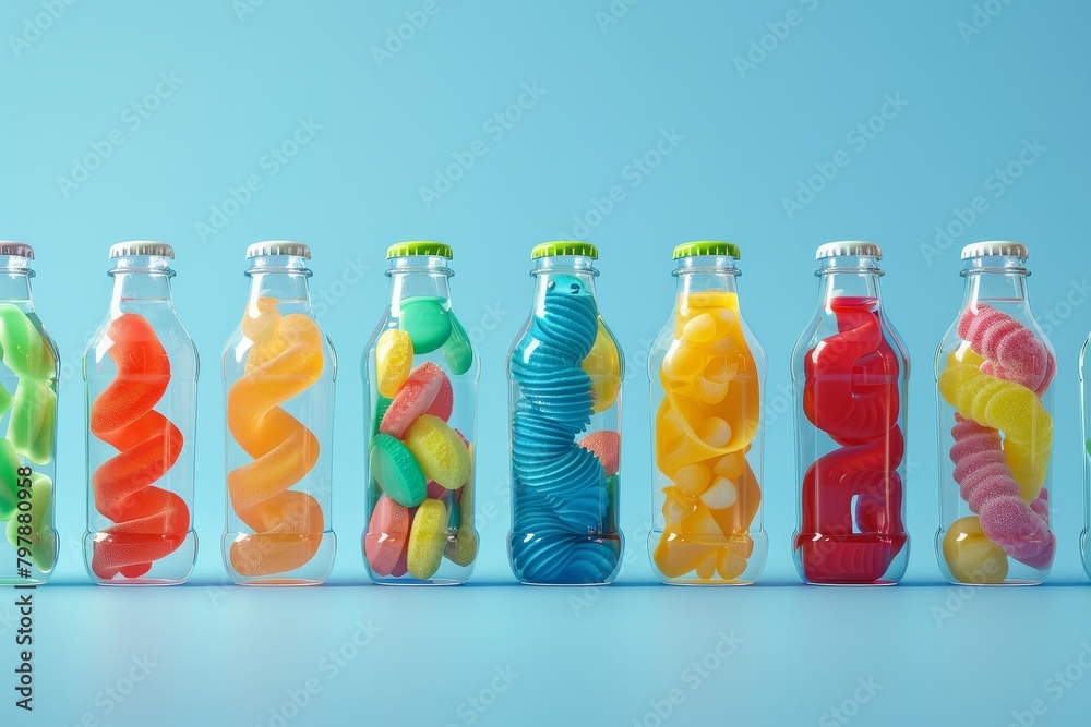 A row of colorful bottles and jars of candy are lined up on a colorful background A row of colorful bottles and jars of candy are lined up on a colorful background