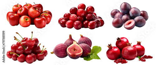 Collection of red purple maroon fruits in pile, apple, cherry, cranberry, fig, plum, pomegranate on transparent background cutout, PNG file. Mockup template for artwork design
