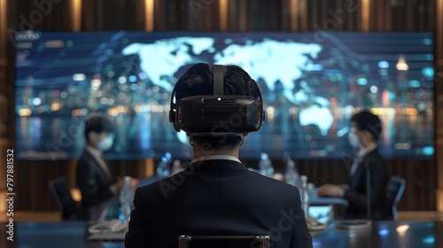 A businessman wearing a VR headset is sitting in a conference room.