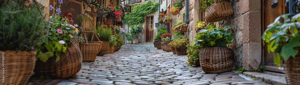 A cobblestone street in a quaint village, lined with baskets and balconies overflowing with geraniums and ivy