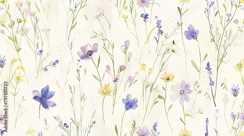 Fototapeta Naklejka Na Ścianę i Meble -  Delicate hand-painted watercolor pattern featuring wildflowers. Drawn by hand, not computer-generated.