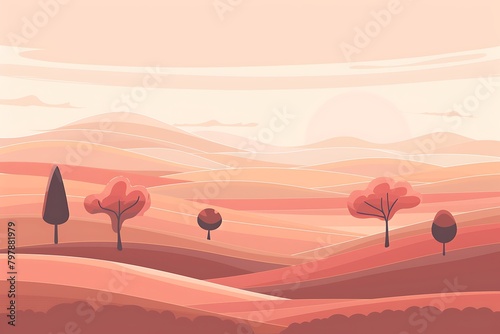 A serene landscape with rolling hills and trees  bathed in soft shades of sunset  depicted in a soothing vector illustration.