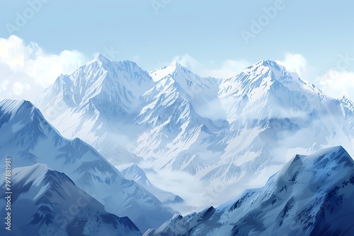 A serene mountain landscape with snow-capped peaks and soft gradients of light shades, captured in a majestic vector illustration.