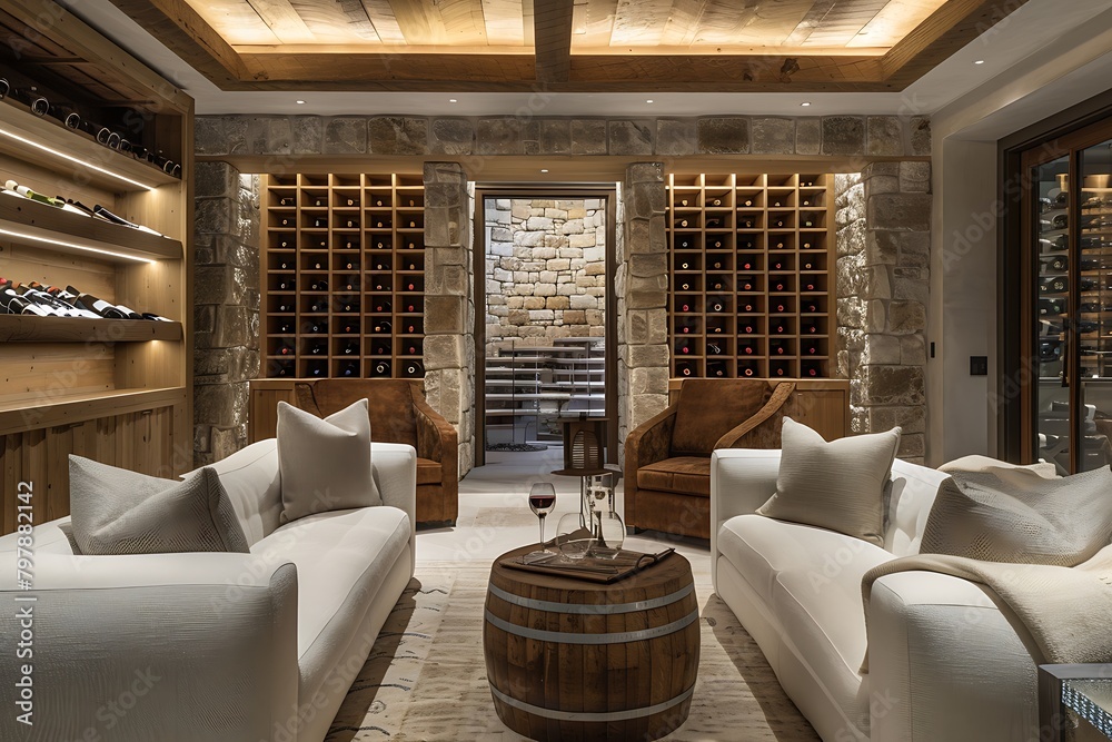 A sophisticated wine cellar with temperature-controlled storage, wooden wine racks, and a cozy seating area for wine tasting.