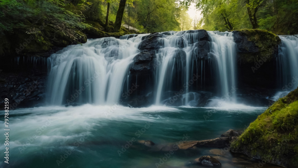 Landscape with river and forest with green trees. Silky crystal water and long exposure. Ordesa Pyrenees.
Landscape with river and forest with green trees. Silky crystal water and long exposure. Ordesa Pyrenees.