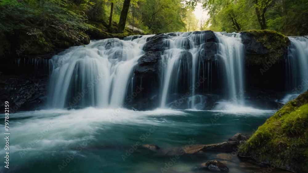 Landscape with river and forest with green trees. Silky crystal water and long exposure. Ordesa Pyrenees.
