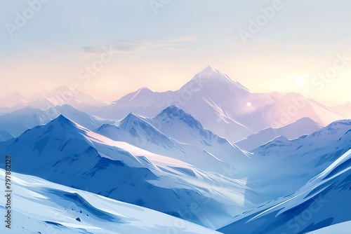 A serene mountain landscape with snow-capped peaks and soft gradients of light shades, captured in a majestic vector illustration. photo