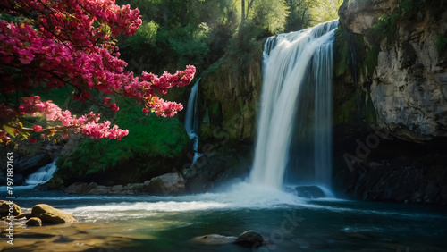 Landscape with river and forest with green trees. Silky crystal water and long exposure. Ordesa Pyrenees. 