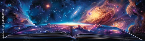 A beautifully illustrated book cover depicting a journey across multiple galaxies with vibrant nebulas