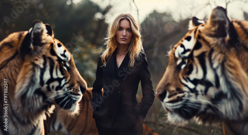 A blond woman in a business suit stands between two tigers with open mouths, they look at her and the building behind them is visible