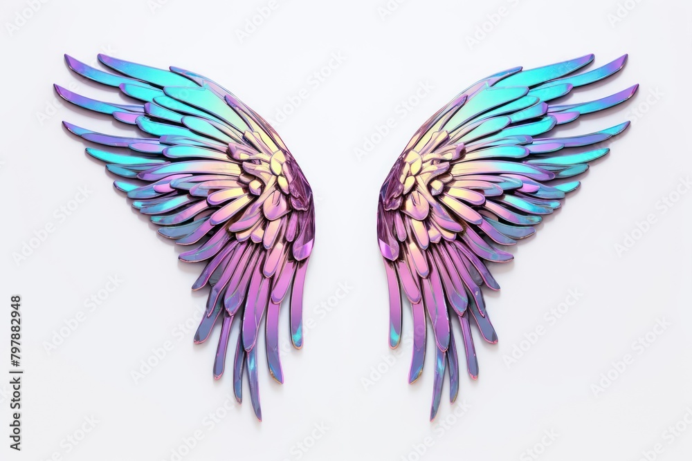 Obraz premium Devil wings iridescent purple flying white background.