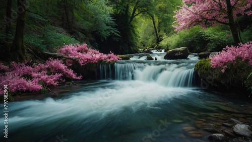 Landscape with river and forest with green trees. Silky crystal water and long exposure. Ordesa Pyrenees. 