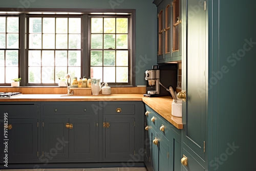 Dark blue country kitchen design, interior decor and house improvement, classic English in frame kitchen cabinets, countertop and applience house, elegant cottage style, post-processed, generative ai photo