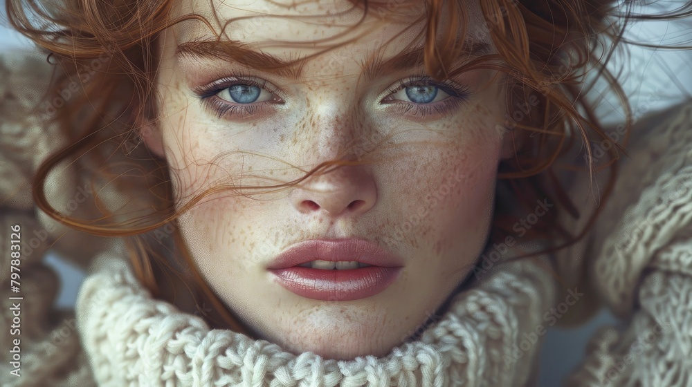 A hyperrealistic digital portrait of an extremely beautiful woman with pale skin, blue eyes and red hair wearing a cozy sweater in the style of a Vogue fashion editorial magazine. A hyperrealistic digital portrait of an extremely beautiful woman with pale skin, blue eyes and red hair wearing a cozy sweater in the style of a Vogue fashion editorial magazine.