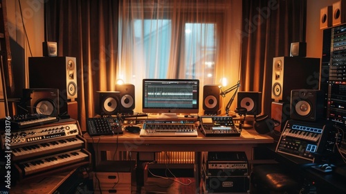 A home studio setup with studio monitors and audio interface for music production