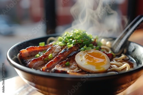 A steaming bowl of ramen featuring perfectly marinated pork belly nestled amongst springy noodles, crowned with a soft-boiled egg.