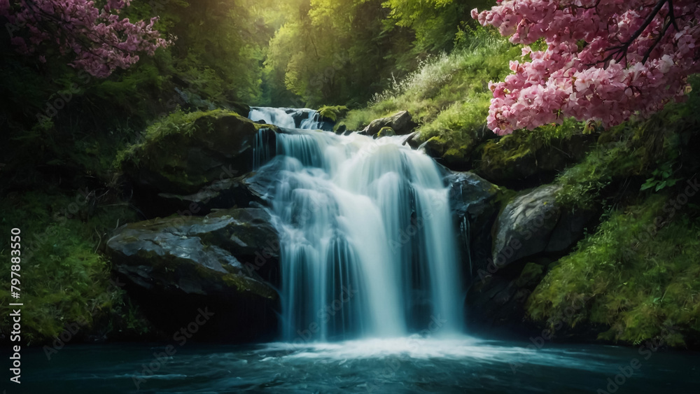 Landscape with river and forest with green trees. Silky crystal water and long exposure. Ordesa Pyrenees.
