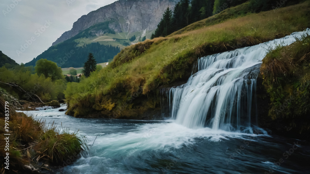 Obraz premium Landscape with river and forest with green trees. Silky crystal water and long exposure. Ordesa Pyrenees. 