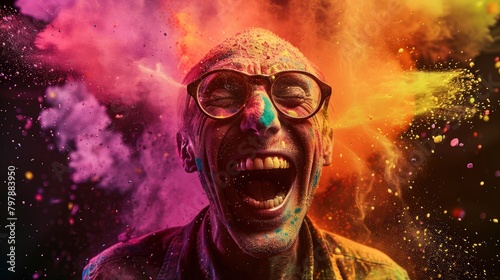 A man with an open mouth and glasses is covered in colorful powder, his hair was thrown up in the style of the explosion of color dust, he has an exaggerated smile showing teeth, black background