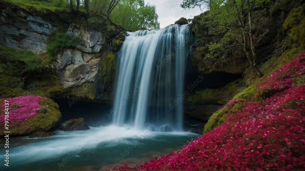 Obraz premium Landscape with river and forest with green trees. Silky crystal water and long exposure. Ordesa Pyrenees. 