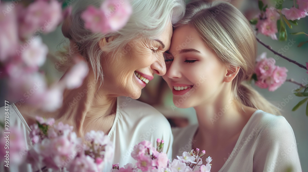 Obraz premium mom and daughter with flowers, happy mother's day, family day together