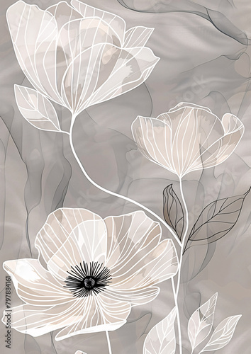 Boho art illustration wall art print flowers close up petals, white line work, line drawing, elegant, floral, beautiful warm grey colours. Modern contemporary watercolor style. © Got Pink?