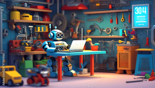  A robot repairman working on a futuristic workshop photo
