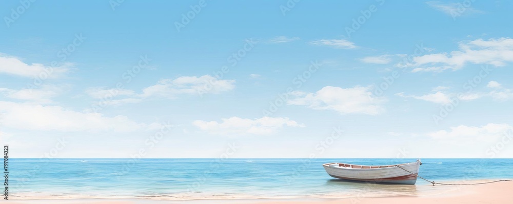 A serene beach background featuring a small boat moored on the shore