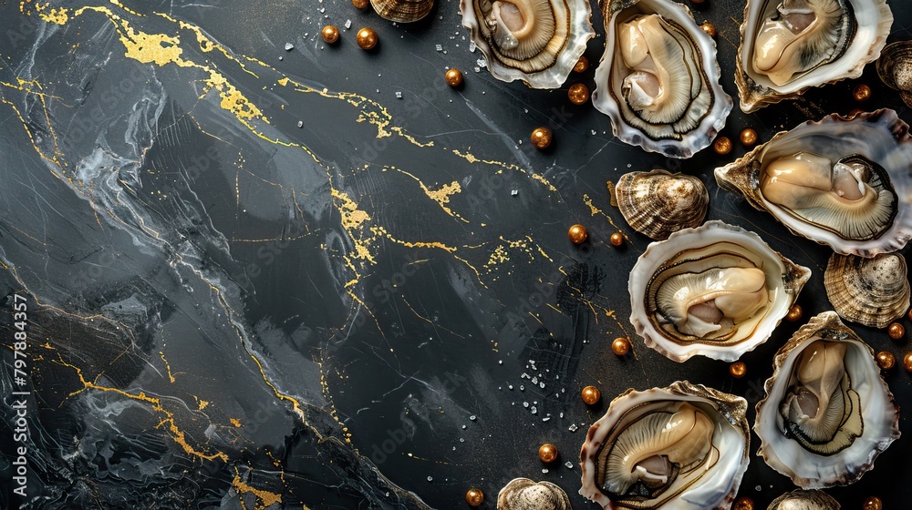 Variety of seafood with vegetables and herbs on a dark marble background. Food advertising. Banner, menu. Variety of seafood with vegetables and herbs on a dark marble background. Food advertising. Banner, menu.