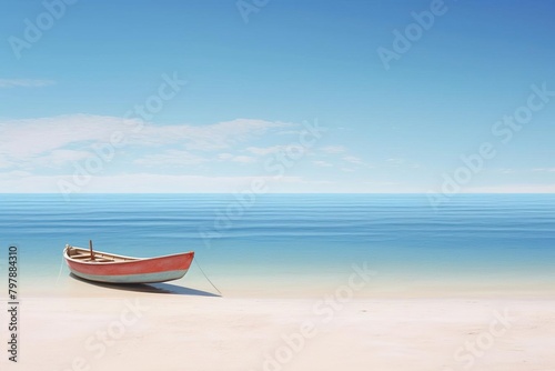 A boat sits on a beach with the ocean behind it. The sky is blue and there are white clouds. The boat is blue and white. The beach is sandy and white. The water is blue and green.