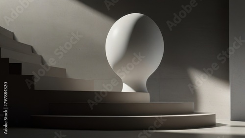 White Egg-Shaped Sculpture on Staircase Platform in Modern Interior
