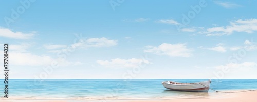 A serene beach background featuring a small boat moored on the shore © reels