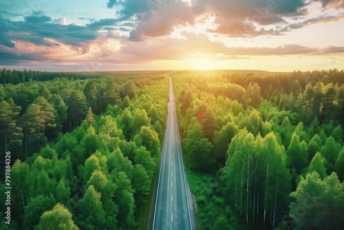 Aerial view of the asphalt road through a beautiful green forest on a sunny summer day. A road trip concept with a top down perspective view from above. © Jacek