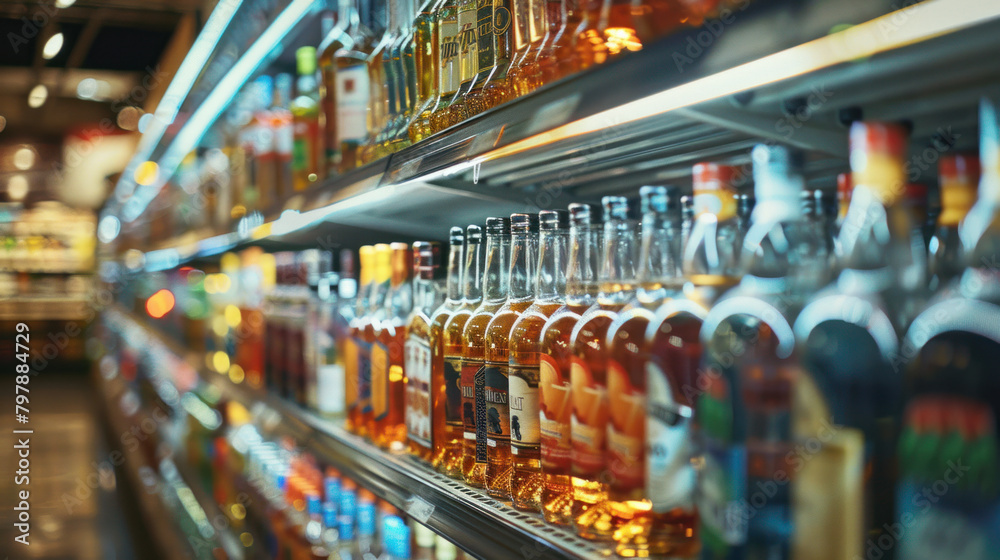 Whisky, cognac, vodka and another drinks in a liquor store