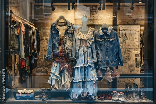A storefront window display showcasing a deconstructed denim jacket layered over a flowy maxi dress, highlighting the trend of combining high fashion with streetwear elements.