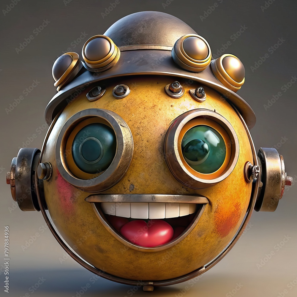 Happy steampunk robot emoji. Generative AI
