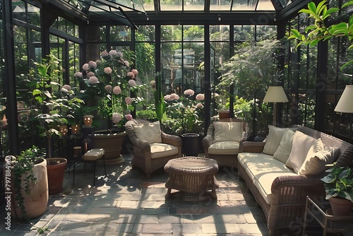 A sunlit conservatory with glass walls, comfortable seating, and an abundance of potted plants, creating a serene indoor garden. photo