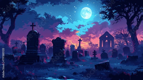 A cemetery at night with a full moon and a starry sky.