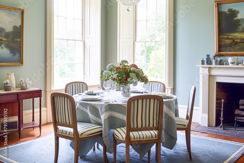 Dining room decor, interior design and house improvement, elegant table with chairs, furniture and classic blue home decor, country cottage style idea © Anneleven