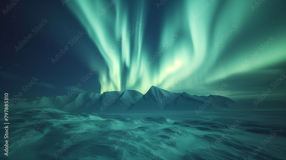 Beautiful Northern Lights or Aurora over a frozen stream in the Arctic region.