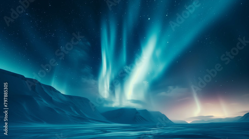 Beautiful Northern Lights or Aurora over a frozen stream in the Arctic region. © Gun