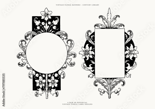 Vintage Decorative Circular and Rectangular Banner Illustrations with Floral Design Elements